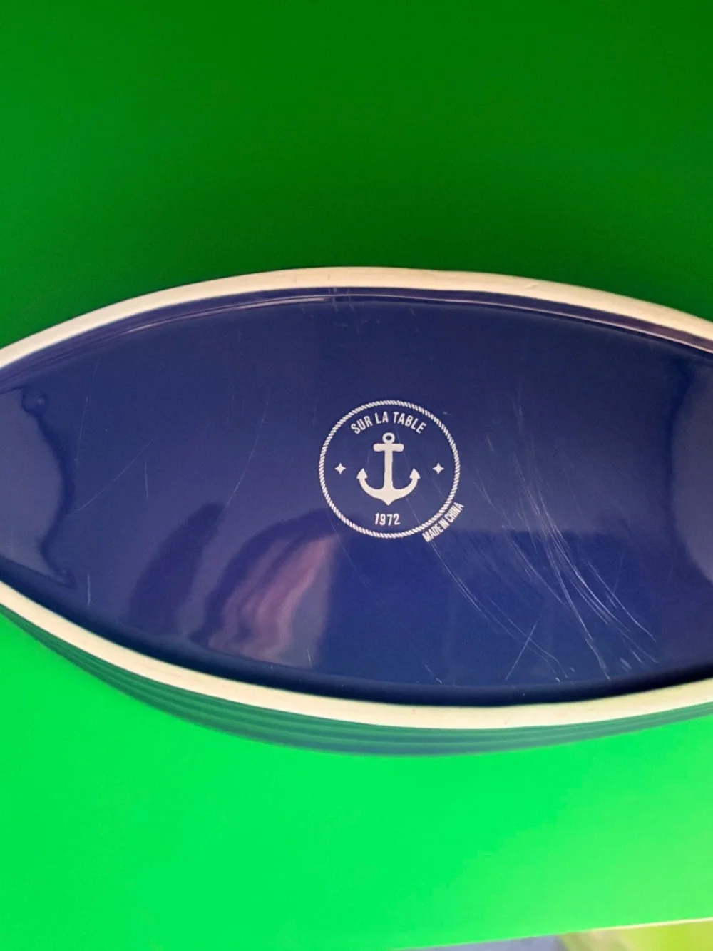 Share Sur La Table Boat-Shaped Serving Bowl Navy Blue White Interior Glazed Ston